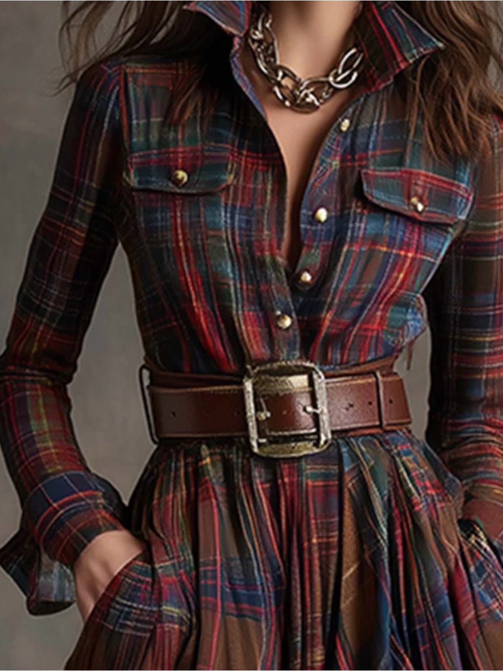 Felicity Navy Plaid Button-Front Maxi Dress - Picture 2 of 4